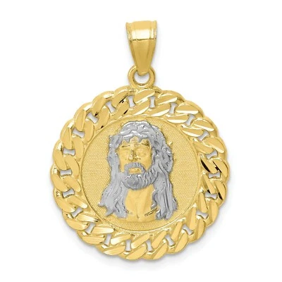 10k Two Tone Gold Diamond Cut Cuban Link Chain Border Jesus Face Medal Pendant - Image 1 of 4