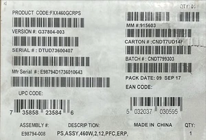 Intel FXX460GCRPS 460W Redundant Power Supply (Gold-Efficiency) NEW OPEN BOX - Picture 1 of 2