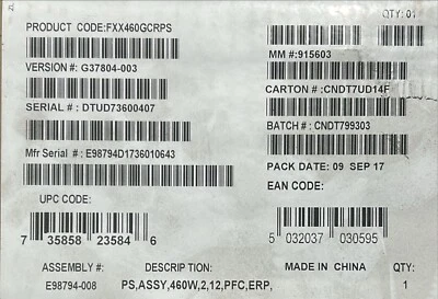 Intel FXX460GCRPS 460W Redundant Power Supply (Gold-Efficiency) NEW OPEN BOX - Image 1 of 2