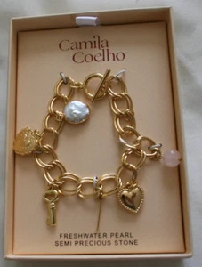 Gold tone metal semi precious stone freshwater pearl charms Bracelet Heart Key - Picture 1 of 1