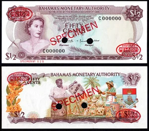 BAHAMAS 1/2 DOLLAR (P26adlr) L. 1968 DE LA RUE SPECIMEN QEII AU/UNC - Picture 1 of 1