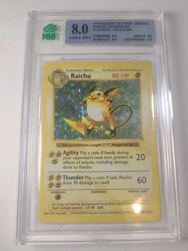 Pokémon Base Set Raichu Holo Shadowless 1999 clasificación MNT 8 14/102 Foto 1 de 1