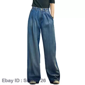 Lady High Wiast Trousers Boot Cut Pants Wide Leg Pleated Denim Pants Loose Jeans - Picture 1 of 11