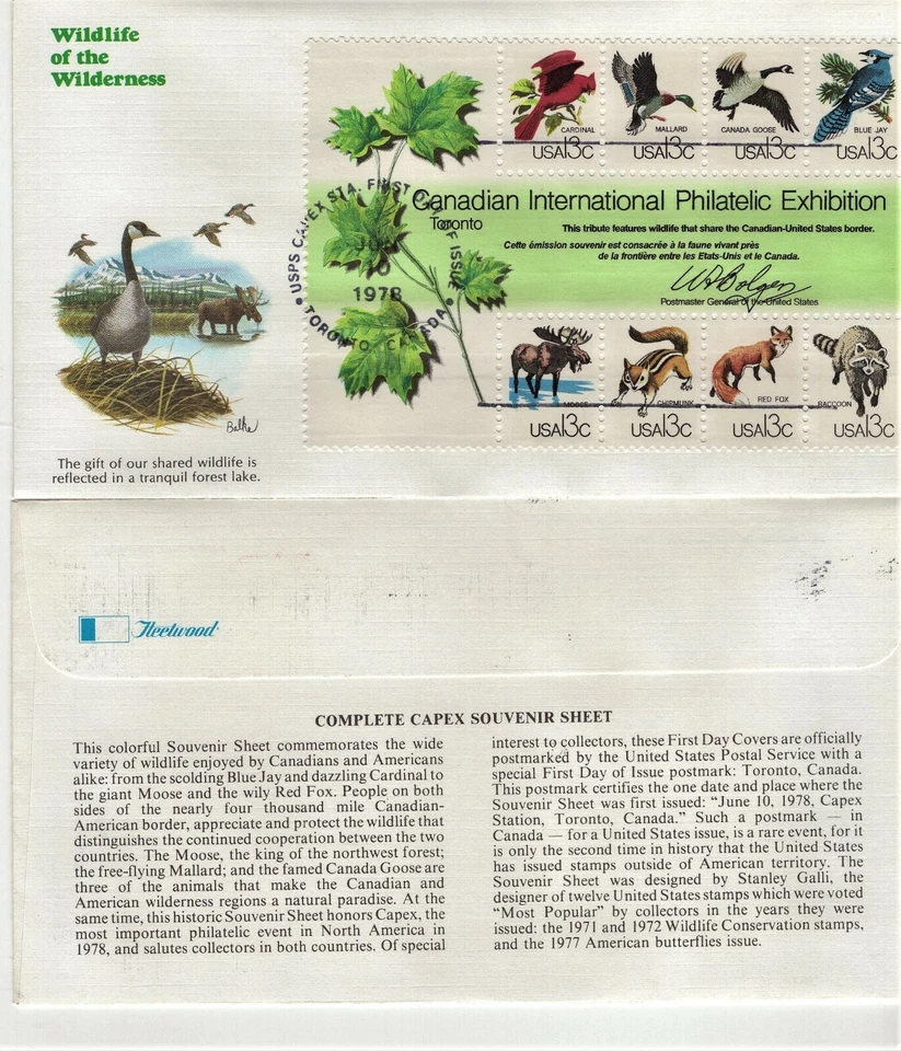 1978 FDC #1757 CAPEX Souvenir Sheet Canada-U.S. Wildlife 13c Fleetwood ST1691 - Image 1 of 1