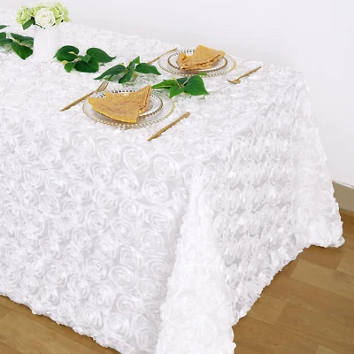 White Tablecloth 50X102 Inches Rosette Wedding Tablecloth Party Table Decor Rect - Image 1 of 4