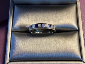 Princess Cut Channel Set Natural Sapphire and Diamond 14k White Gold Band Size 8 - Picture 1 of 11