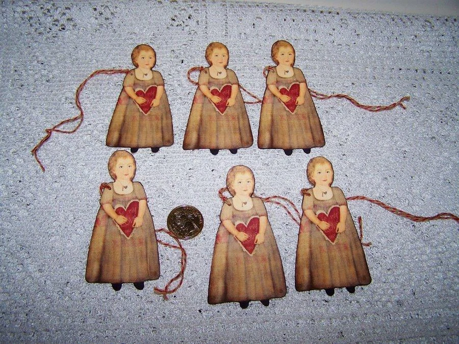 6-Valentine's Day-Primitive Girl-Fussy Cut-Prim-Linen Cardstock-Gift-Hang-Tags - Image 1 of 1