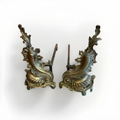 Par de chimeneas antiguas francesas de metal dorado estilo barroco rococó Andirons Chenets Foto 1 de 4
