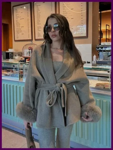 Solide Schnürjacke Kunstfellärmel Damen Elegant Mittellang V-Ausschnitt Wollmischung - Bild 1 von 29