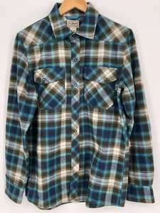 LL Bean Wool Flannel Shirt Mens Small Blue Brown Plaid Katahdin Snap Outdoor - Picture 1 of 18