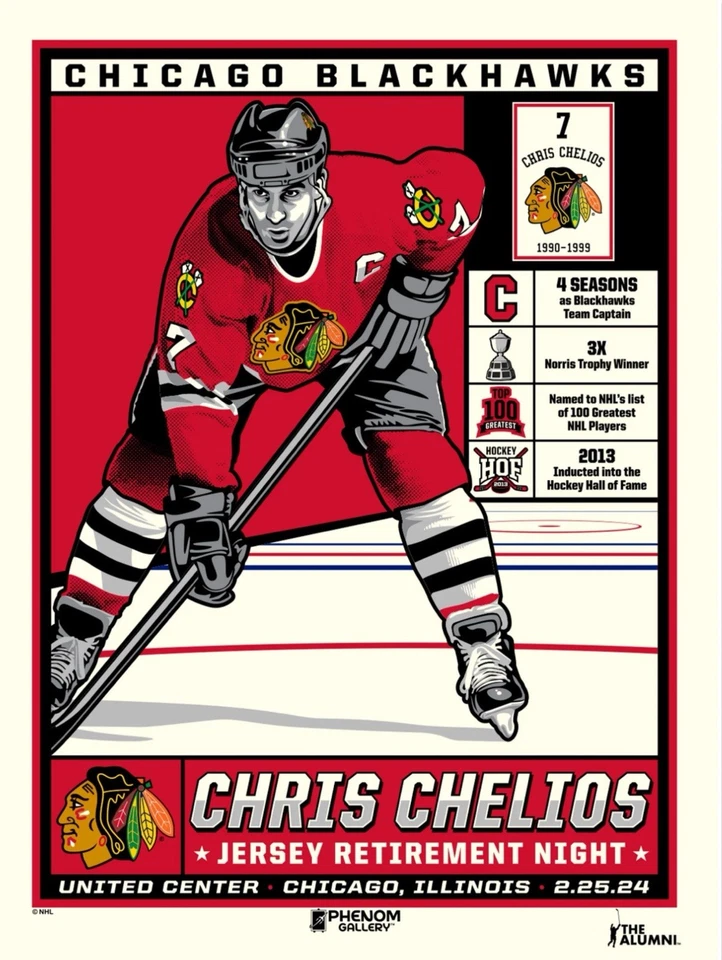 18x24 NHL Poster : CHICAGO BLACKHAWKS CHRIS CHELIOS JERSEY RETIREMENT - Image 1 of 1