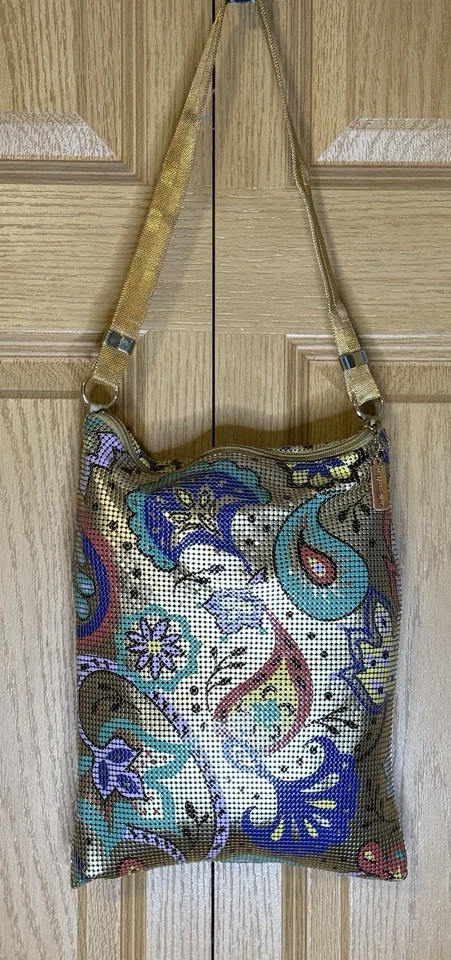 WHITING and DAVIS Painted Mesh Bag Paisley Floral Vintage 12x9 Inches - Image 1 of 4