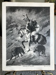 Vtg 1990 Herman Adams Montana Marble Etching Native American Wolves Winter Cold - Picture 1 of 17