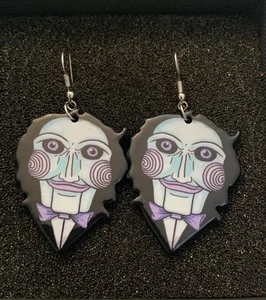 Jigsaw Puppet Saw Lightweight Plastic Dangle Drop Halloween Horror Earrings - Picture 1 of 3