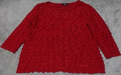 Elementz Blouse Top Women's Size XL Red 3/4 Sleeve Ruffled Round Neck - Image 1 of 4