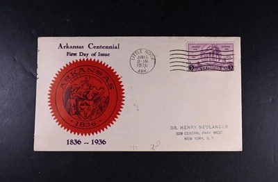 Jun 15 1936 FDC USA Scott # 782-23A Cachet VF Cover Arkansas Centennial - Image 1 of 2