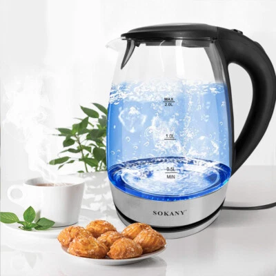 SOKANY 2 Liter Edelstahl Glas Wasserkocher 2.000 Watt mit LED Beleuchtung 2 Farben