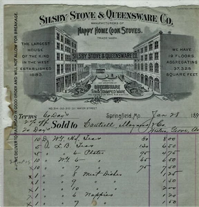 Springfield Missouri Silsby Stove & Queensware Co 1895 cabeza de letra ilustrada  - Imagen 1 de 3