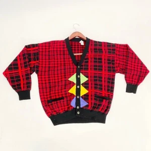 Vintage Pura Lana Damen Strickjacke schwarz rot kariert Langarm - Bild 1 von 10