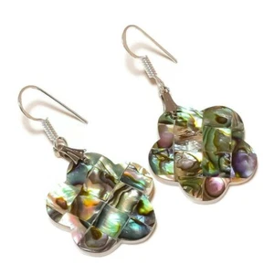Square Mosaic Abalone Shell Silver Overlay Hand Crafted Flower Dangle Earrings - Picture 1 of 3