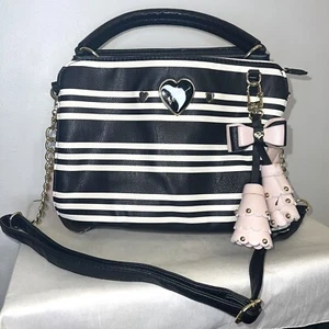 Betsey Johnson NWOTS Handbag Purse Black/White/Pink Stripe with Tassels Bag - Picture 1 of 13