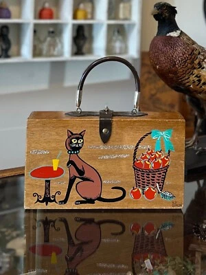 Vintage By SIMON Siamese Cat Apples Purse Hand Painted Wood Handbag Leather RARE - Image 1 of 4