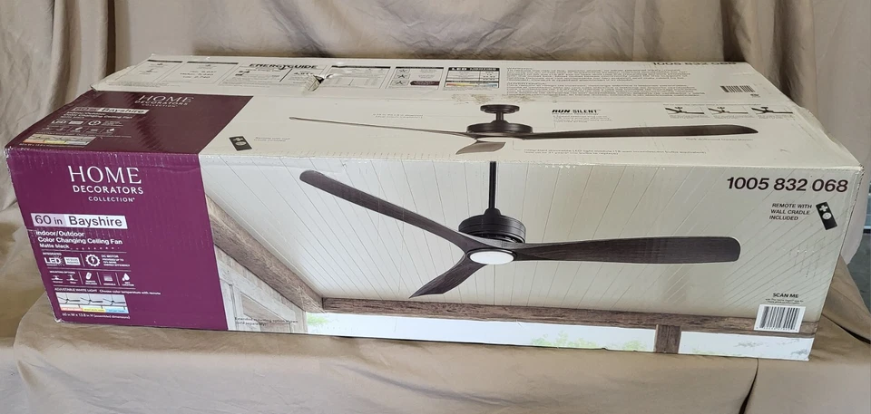 HOME DECORATORS 60" MATTE BLACK INDOOR OUTDOOR CEILING FAN REMOTE LED LIGHT - Image 1 of 4