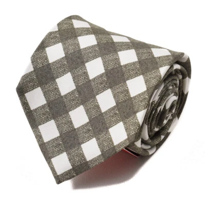 NWT $230 ISAIA Olive Green and White Layered Check Print Silk Tie - Image 1 of 4