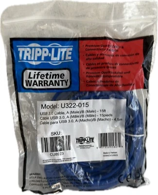 Tripp-Lite U322-015 USB 3.0 Cable A(Male)/ B (Male) 15ft (New in Bag) - Image 1 of 4
