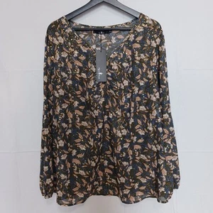 Agnes Orinda Women's Top Blue gold dots floral 3x flowy sheer pleated front New - Picture 1 of 14