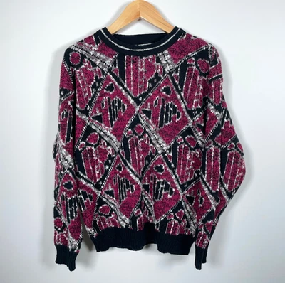 90s Emporio Gitano Sweater Adult Large Black Dark Pink Geometric Pattern Knit - Image 1 of 4