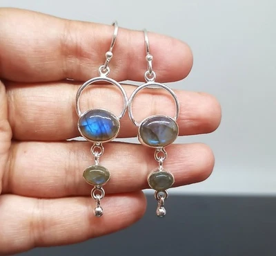 Blue Labradorite Gemstone 925 Sterling Silver Handmade Jewelry Earring - 2" - Image 1 of 2