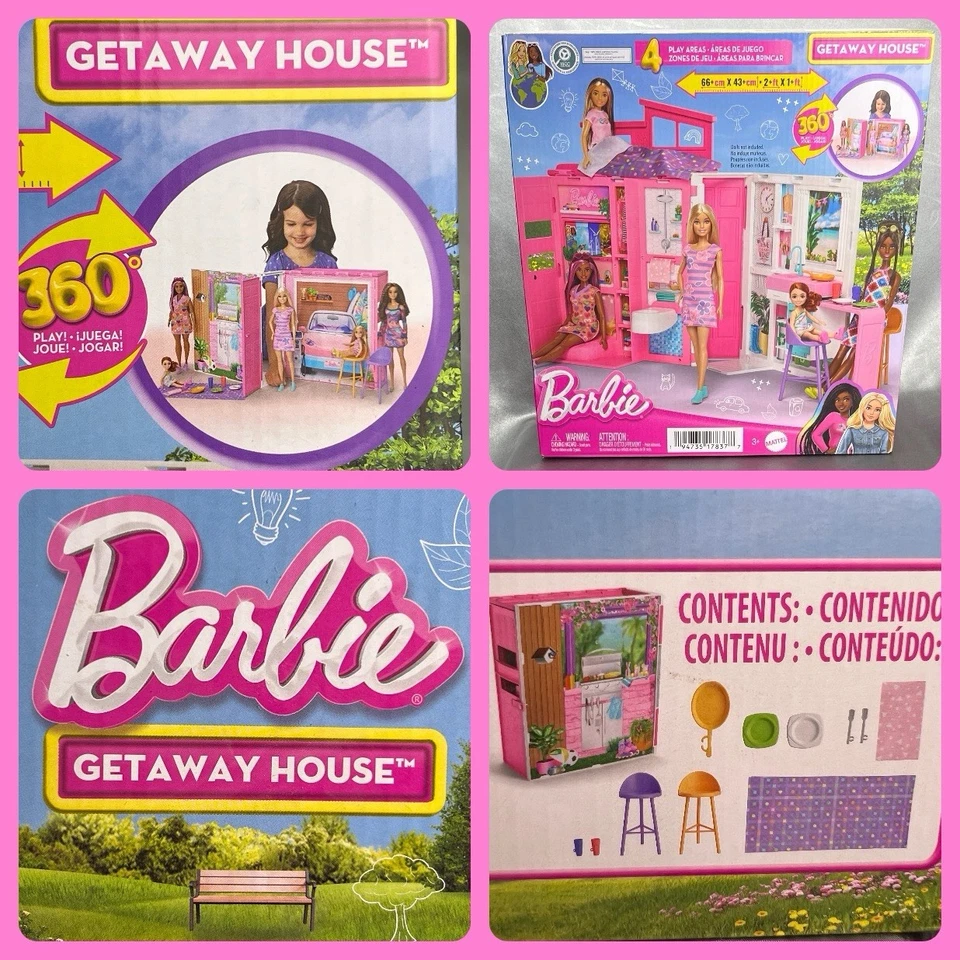 Barbie Doll Getaway House 360°Playset 4 Areas 11 Accessories Chairs Holiday Gift