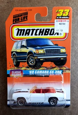 1998 Matchbox '69 CAMARO SS 396 #MB33 White Convertible CLASSIC DECADES SERIES 5 - Image 1 of 4