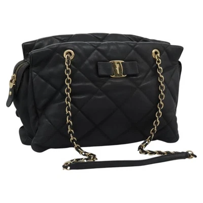 Auténtico bolso de cadena acolchado Salvatore Ferragamo Vara cuero negro dorado 114789 Foto 1 de 4