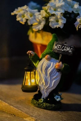 Garden Gnome Statue W/Solar Lantern Flocked Resin Green Outdoor Patio Yard Decor Foto 1 de 4