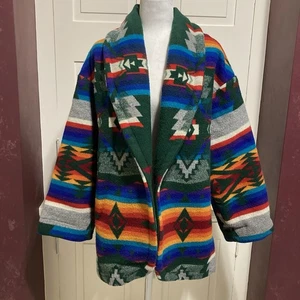 Vintage Native American Aztec Multicolor Heavyweight Wool? Coat Jacket Fits Up L - Picture 1 of 9