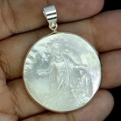 925 Sterling Silver Pendant Round Mother Of Pearl 29mm Natural Gemstone Jewelry - Image 1 of 4