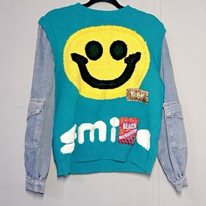 MCC Studios Sweater Womens Green Smile Happy Face Denim Cargo Hip Hop - READ - Picture 1 of 9