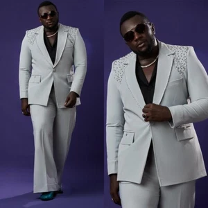 White Men Suit Beading Pearls Regular Fit Notch Lapel Formal Tuxedos Flare Pants - Picture 1 of 16
