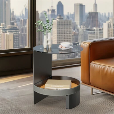 Mesa auxiliar de lujo de 2 niveles con tapa de vidrio silla de montar de cuero estante de almacenamiento mesa de acento Foto 1 de 4