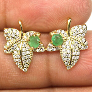 Unheated 3 mm. Green Emerald & Cubic Zirconia Earrings 925 Sterling Silver