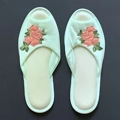 Vintage Lorraine Slippers Mint Green Embroidered Peach/Pink Flowers Sz 5-6 Small - Image 1 of 4