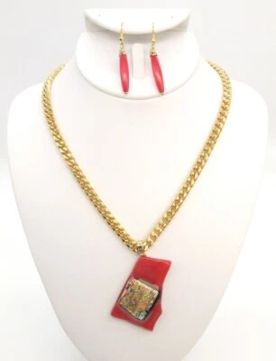 18" Gold-P Red Dichroic Glass Pendant Curb Chain Choker/Necklace/Dangle Earrings - Image 1 of 4