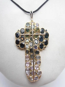 Croce in Oro Giallo e Bianco 18 Kt (750) con Zaffiri Ceylon naturali - Ciondolo - Picture 1 of 9
