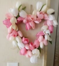 9" Pink & White Heart Shaped TULIP Wreath Mother's Day Spring Door Decoration