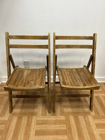 Vintage Wood FOLDING CHAIR PAIR dining wedding church slat mid century wooden 2 Cover