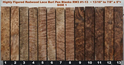 Stabilized Highly Figured Redwood Lace Burl Pen Blanks RW3 1-13, 13/16"+ and 5"+ - Image 1 of 4