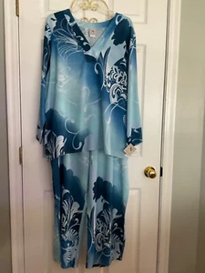 Natori Blue Floral Print Pajamas Size XL Tropical Hawaiian New - Picture 1 of 8