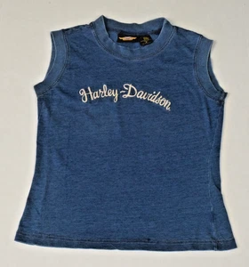 Vintage Sleeveless Shirt Harley Davidson Size S 90s Denim Look Embroidered - Picture 1 of 7
